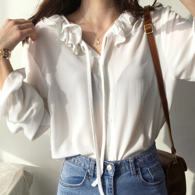 韩国进口女装2018春装气质甜美系带单排扣荷叶边衬衫uc