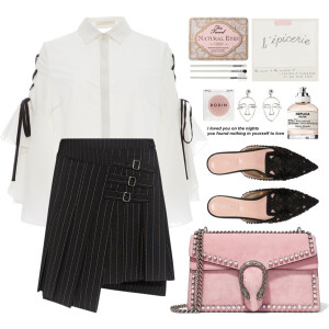 A fashion look from March 2018 featuring ruffle sleeve shirt, short pleated skirt and flat pumps. Browse and shop related looks.