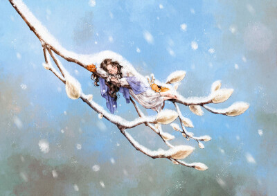 冰雪下的玉兰花蕾，等待着萌发的生机 ~ 来自韩国插画家Aeppol 的「森林女孩日记-2018」系列插画。