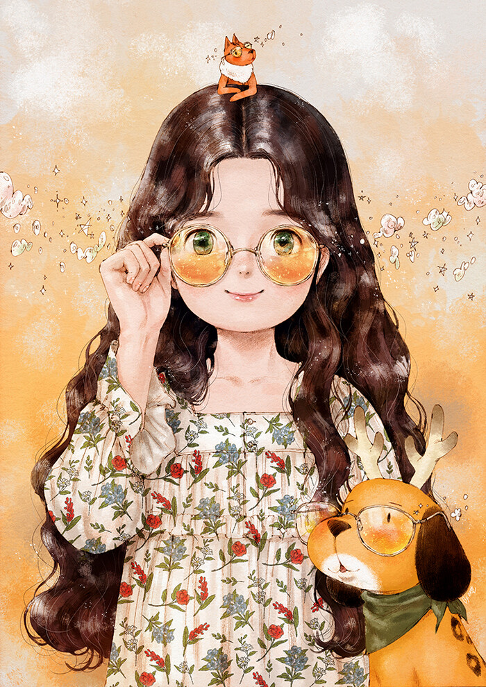 戴上暖色的太阳镜，小小的视觉变化，就可以温暖心情，温暖世界 ~来自韩国插画家Aeppol 的「森林女孩日记-2018」系列插画。