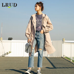 LRUD牛仔裤女2018春季新款高腰破洞毛边九分裤宽松chic学生直筒裤