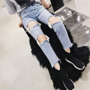 ISSDM 韩版毛边高腰破洞牛仔裤女春季宽松学生九分哈伦裤子直筒裤