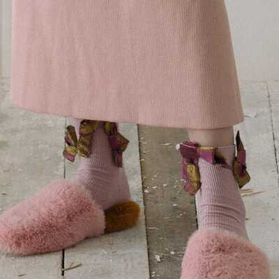 变色金属蝴蝶结装饰粉色短袜JIAXINXU原创设计师品牌