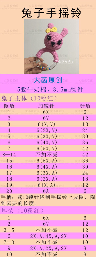 大菡家毛线钩针图解 手摇铃玩具兔子