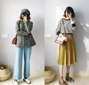 黑白条纹针织衫+姜黄百褶裙