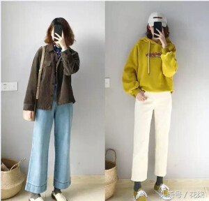 灯芯绒休闲装+浅蓝牛仔裤​