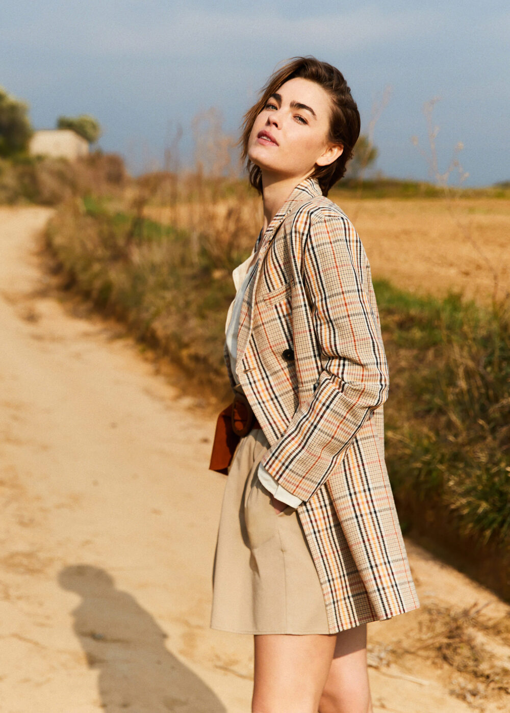 Double-breasted check coat