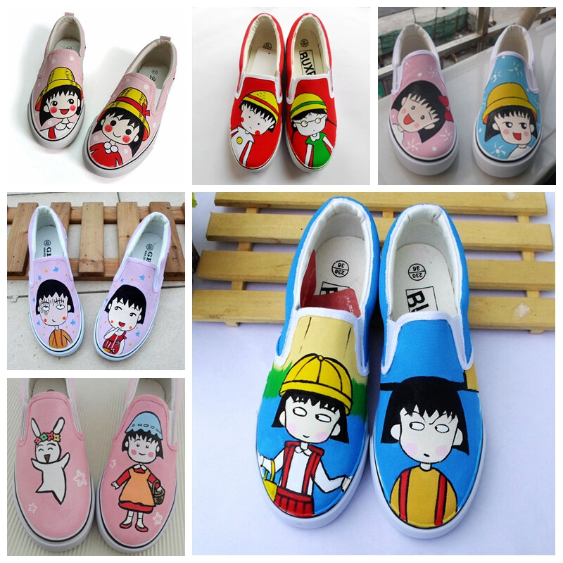 樱桃小丸子手绘鞋套脚懒人鞋学生帆布鞋女涂鸦韩版平底休闲鞋子