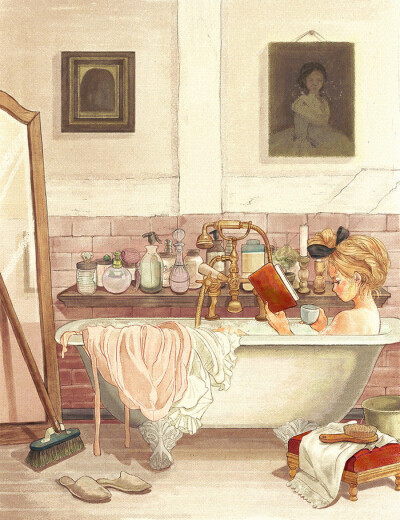 Reading in the bathtub ~ 少女 插画 韩国画师진실作品