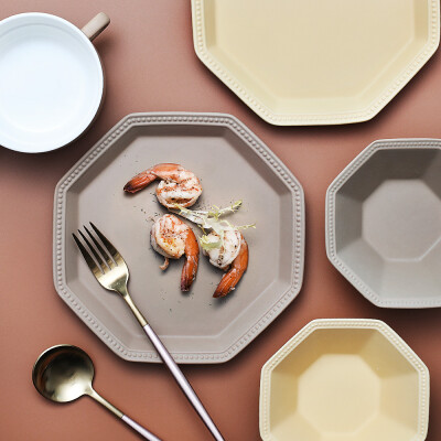 半房磨砂盘子碗套装陶瓷八角碗盘家用米饭碗沙拉碗菜盘子双耳烤碗