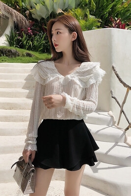 林珊珊 2018春季新款韩版超仙甜美长袖翻领镂空蕾丝衫仙仙女上衣