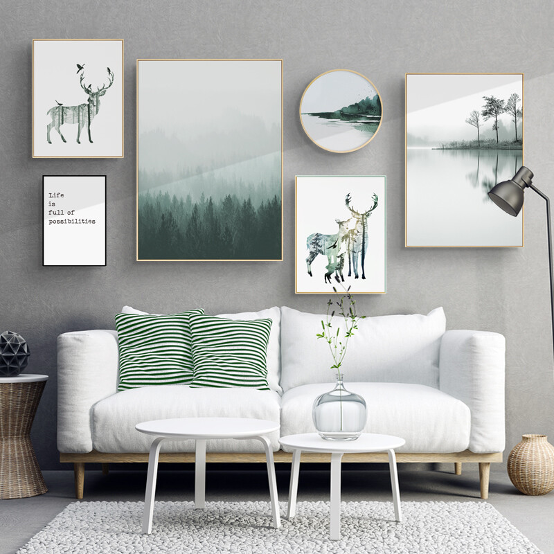 栖息之鹿 北欧客厅装饰画沙发背景壁画组合画小清新麋鹿森林挂画