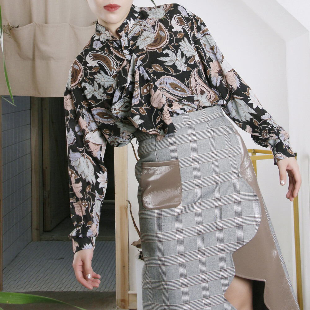 RICCIWEE 原创设计 vintange小立领单排扣印花复古长袖衬衫