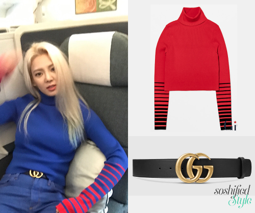 Tommy+Hilfiger+x+Gigi+Hadid:+Striped+Sleeve+Sweater+@+global.tommy.com+(Price+upon+application)
+++Note:+Hyoyeon’s+sweater+is+in+a+different+colour
Gucci:+Leather+Belt+with+Double+G+Buckle+@+gucci.com+£320
