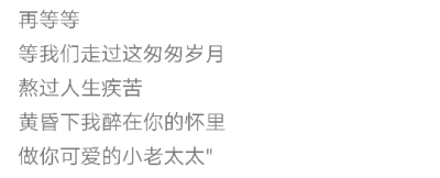 再等等
等我们走过这匆匆岁月
熬过人间疾苦
黄昏下我醉在你怀里
做你最可爱的小老太太