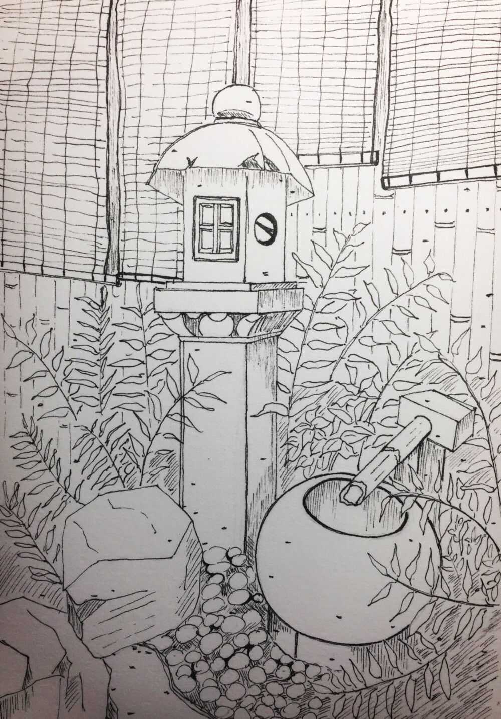 石灯笼小水缸水流小景线稿