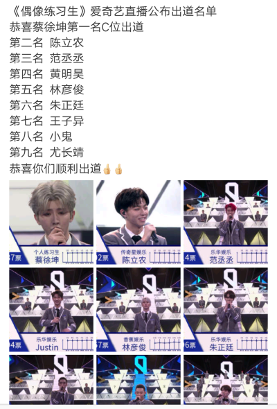 偶像练习生
NINE PERCENT 男团
出道名单
蔡徐坤 陈立农 范丞丞
Justin 林彦俊 朱正廷
王子异 小鬼 尤长靖
加油吧，少年们!