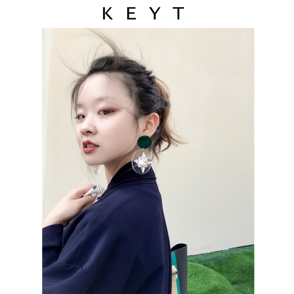 KEYT祖母绿镶钻透明 欧美绿珠片水钻耳环 简约吊坠耳钉耳坠耳夹