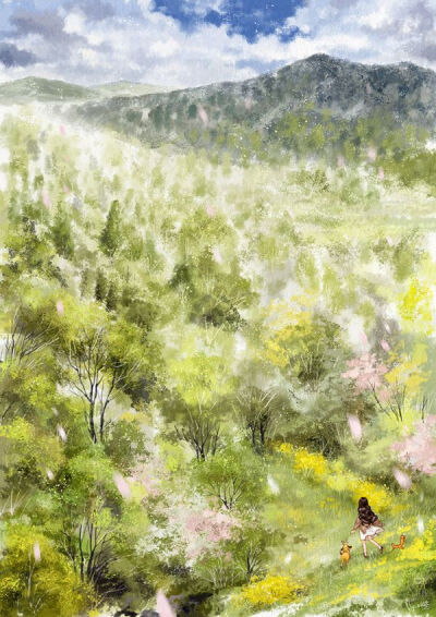 The colours of spring
当枯枝嫩绿的叶子出现时，
无名的白色野花，粉红色的樱花，黄色的山药
同时开始绽放，展示它们的每一种颜色。
在温和的雨势下，
春天的色彩变得更加灿烂。
这些颜色吸收阳光，给整个森林增色…