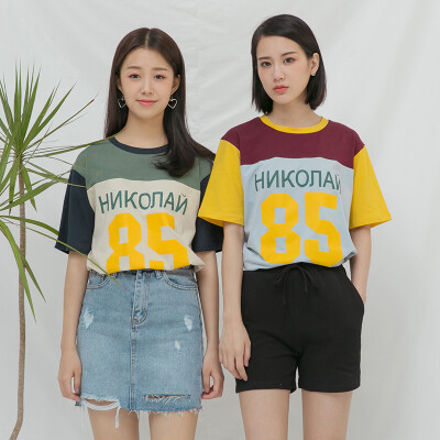 LOVEHEYNEW2017夏季新款字母印花撞色拼接短袖韩版潮流T恤女球服