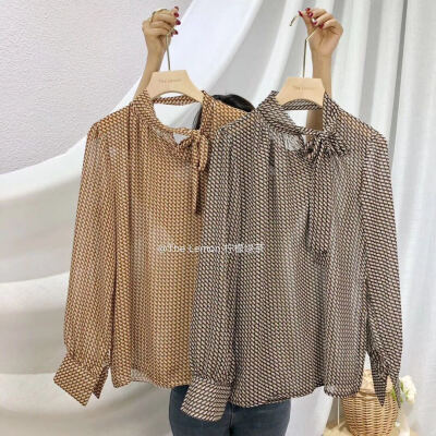 春夏季女装新款韩版百搭复古长袖波点透视雪纺衫系带蝴蝶结上衣潮