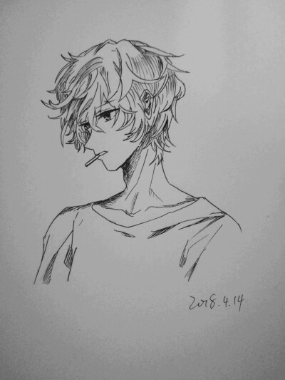 黑白手绘 “少年他叼着烟”