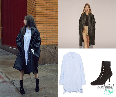 Yves+Salomon:+Black+Paper-Effect+Lamb+Leather+Long+Coat+@+yves-salomon.com+$4,200
Bubulee:+Sky+Stripe+Shirt+Dress+@+bubulee.com+‎₩258,000
Stuart+Weitzman:+Lady+Spat+Pearl+Booties+@+shopbop.com+$575