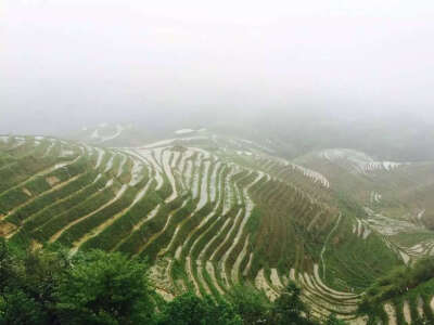 广西龙脊蓝天，白云，青山绿水，+梯田，田园风光