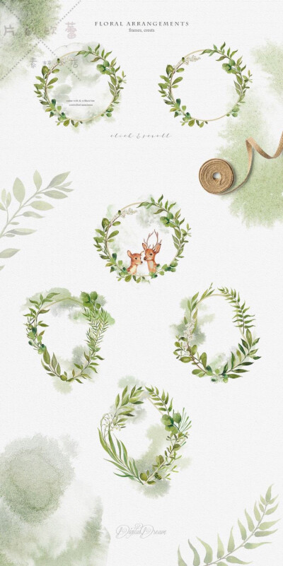 森系自然清新婚礼新鲜树叶花环树桩小鹿字母logo请柬贺卡设计素材