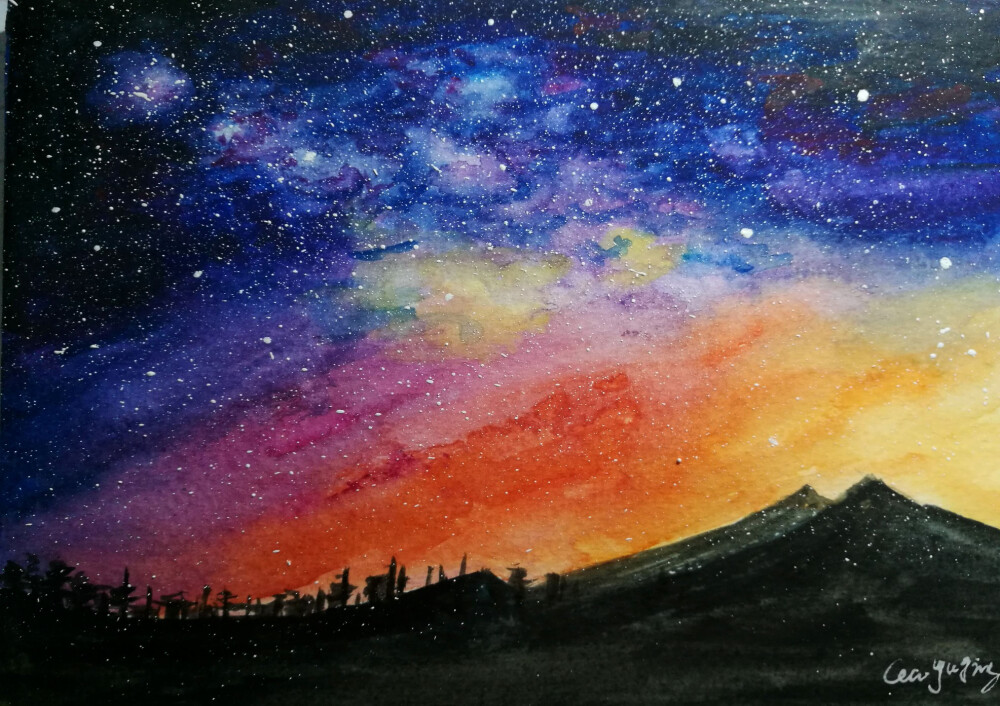 水粉画 星空画 水彩画