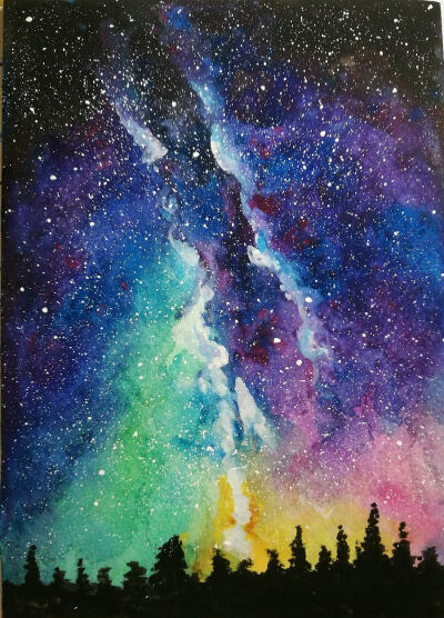 水粉画 水彩画 星空画