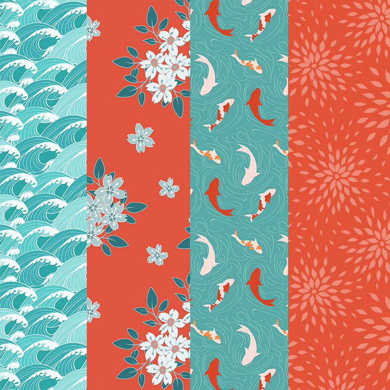 日式和风水彩手绘锦鲤鱼樱花印刷卡片底纹背景图案ai素材ai323