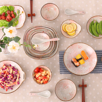 达物志 樱花日式釉下彩陶瓷盘子菜盘圆平盘调味碟 米饭碗和风餐具