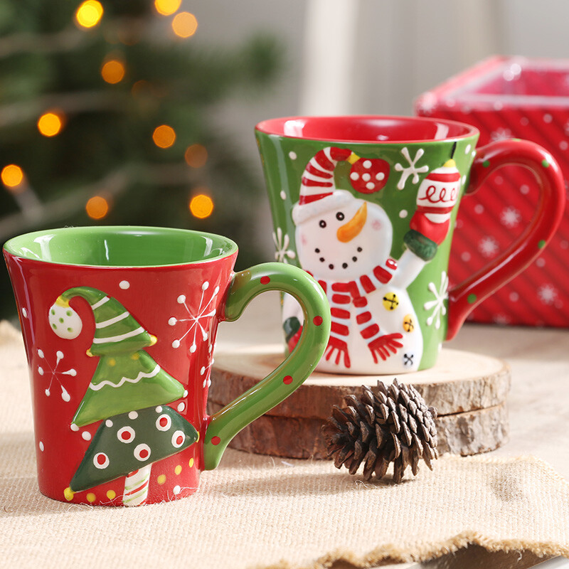 爱屋格林美式马克杯浮雕手绘陶瓷对杯礼盒装送礼圣诞水杯两件套