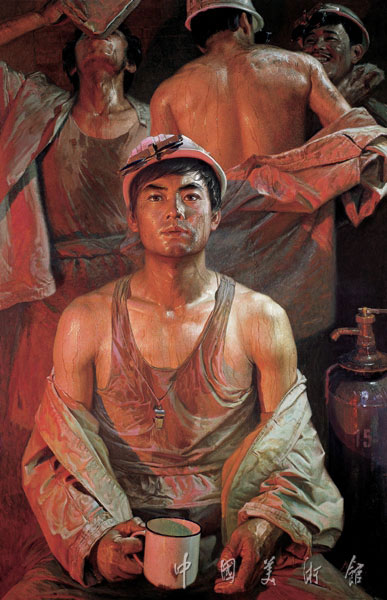 《钢水·汗水》
作者：广廷渤
创作年代：1981
规格：260×168cm
材质：布面油画
作者从创意、体验生活、写生到完成作品经过了大约三年的时间。他摆脱了此前直接描写炉前工紧张劳动的套式，而通过对四位炼钢工人汗流浃背、解衣透凉、举杯痛饮等情境的细致描写，间接传达了他要表达的主题：优质的钢铁是由工人辛勤的汗水换来的。画家从纯正面的视角着意刻画了一个端坐的炉前工长的形象，炉光映照出他宽厚的体魄以及微至眉宇、血脉的每一个细部，被汗水浸透的衣服以及仍在流淌的汗水。这些精细的刻画不仅强化了人物的刚毅性格和拼博精神，也增强了画面的真实感和视觉冲击力。以静为主，动静呼应，以暖光统一，又有冷暖对比，均见画家之匠心。为了深入刻画细部的逼真感，作者使用了丙烯颜料。此作在中国美术馆馆藏作品陈列中，时常与《父亲》相邻，亦相映成趣，耐人寻味，从不同侧面体现着主流美术形态的新趋向。