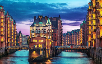 General 1920x1200 city building bridge river Hamburg Germany night Speicherstadt