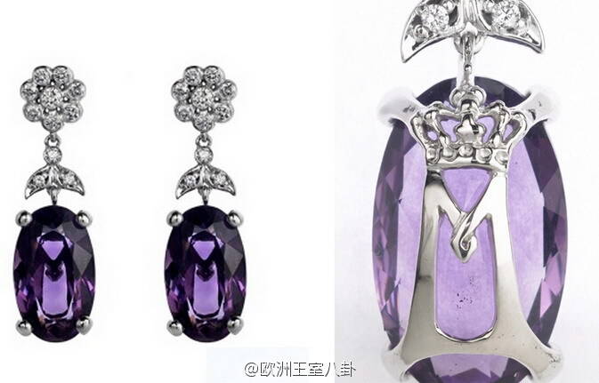  丹麦王储妃玛丽的字母logo耳环,由Cenius & Back设计制作,背后是她的个人字母logo,主石可替换,大概从08年开始出现,见过的有紫水晶和摩根石(实在看不出是啥姑且当是)两种,大玛丽戴后者比较多,还有个同石头吊坠,估计是一套的?不是很隆重的宴会都能随便戴戴,单看耳环没啥特别,但后面藏个M很有爱~ 