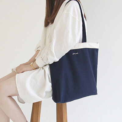 韩国GMZ 简约气质拼色帆布包女式百搭单肩包手拎购物袋环保袋