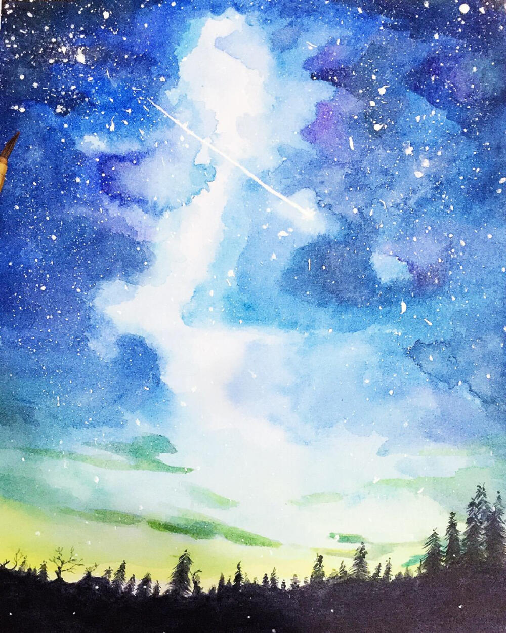 水粉画 水彩画 星空画