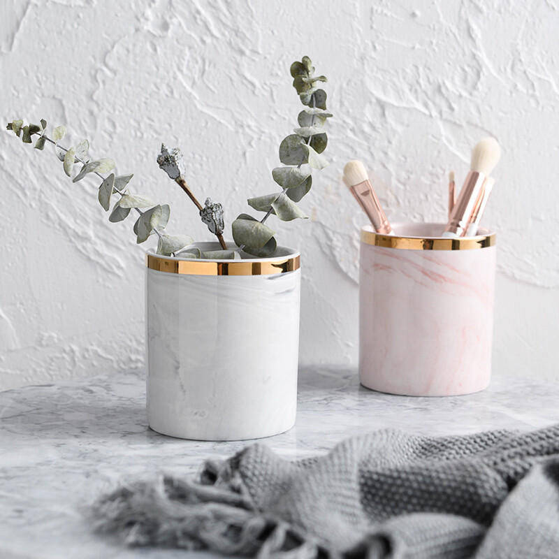 北欧轻奢风描金边陶瓷大理石纹储物罐收纳筒 桌面装饰小花器笔筒