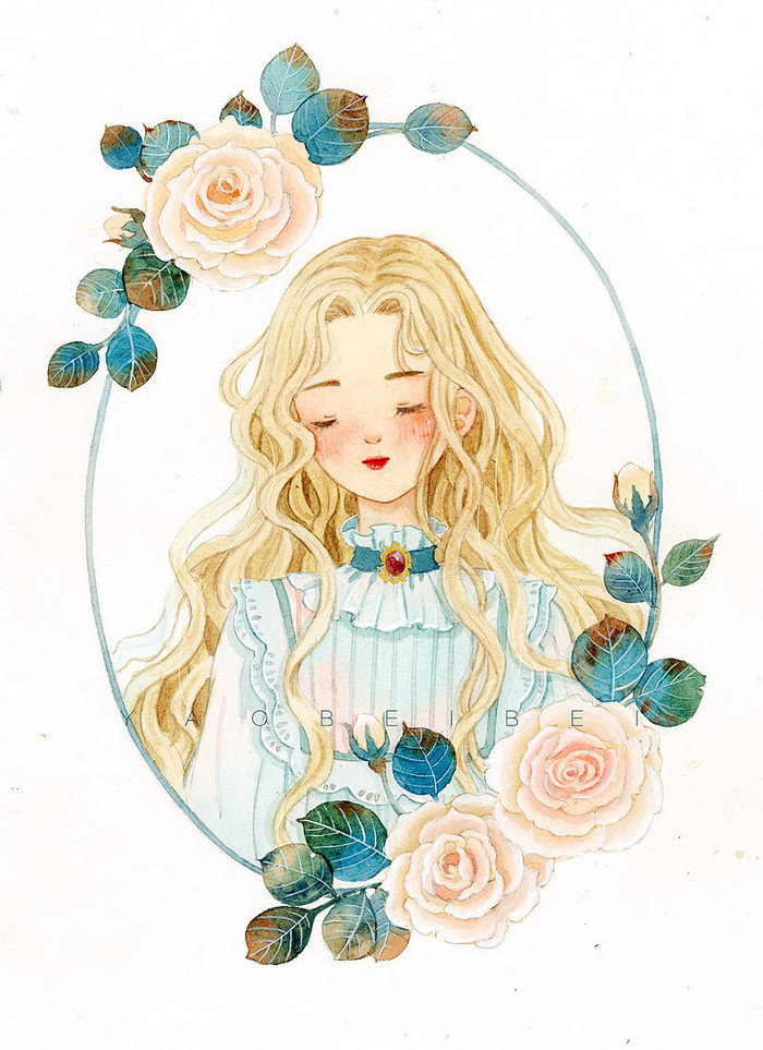 少女 花 水彩插画_瑶背背