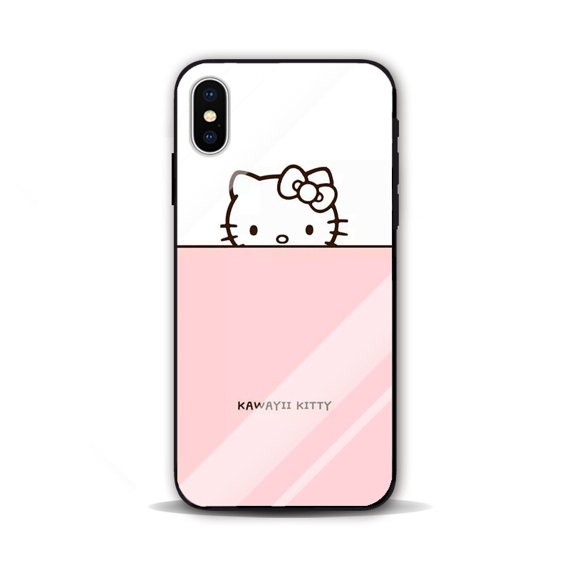 可爱粉卡通凯蒂猫 三星S9 苹果7 iphone8 plus MIX2S 玻璃手机壳