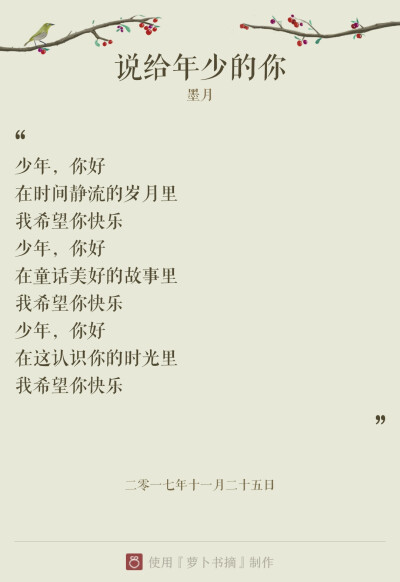 『说给年少的你』两层意思: 说给少年你听，和说给年少时的自己听。主要表达作者对喜欢与爱的定义。——图片与内容来自于APP【萝卜书摘】，作者:墨月。