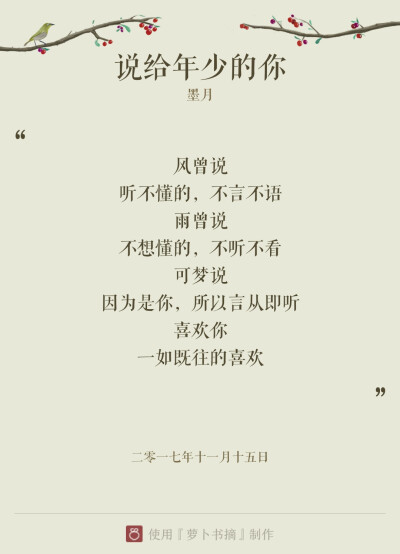 『说给年少的你』两层意思: 说给少年你听，和说给年少时的自己听。主要表达作者对喜欢与爱的定义。——图片与内容来自于APP【萝卜书摘】，作者:墨月。