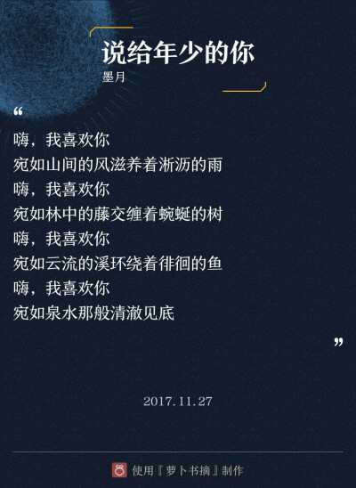 『说给年少的你』两层意思: 说给少年你听，和说给年少时的自己听。主要表达作者对喜欢与爱的定义。——图片与内容来自于APP【萝卜书摘】，作者:墨月。