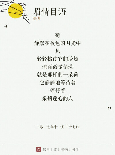 『眉情目语』意思: 只要一个眼神就能表达我对你的情有独钟，仿佛就像在用眼睛神情在说话。主要用古风诗意表达作者对喜欢与爱的定义。
——图片与内容来自于APP【萝卜书摘】，作者:墨月。