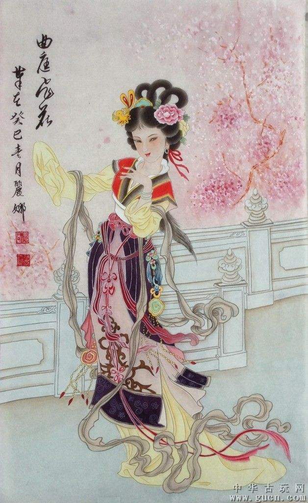 曲庭飞花(工笔仕女画)