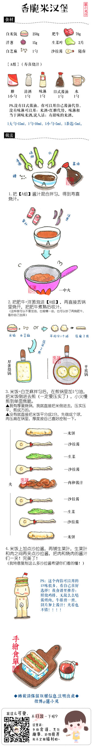 【香脆米汉堡】把米汉堡的皮煎出来，我是做寿喜烧口味的肥牛夹着吃，也可以做照烧鸡排夹着吃！还有我的无敌么么哒酱烤肉口味也可以！
我突然觉得，牛排煎一煎，切片加上酱汁！夹着也不错！！！！