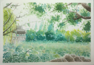 一个大概猜不到地方的湖景水彩~