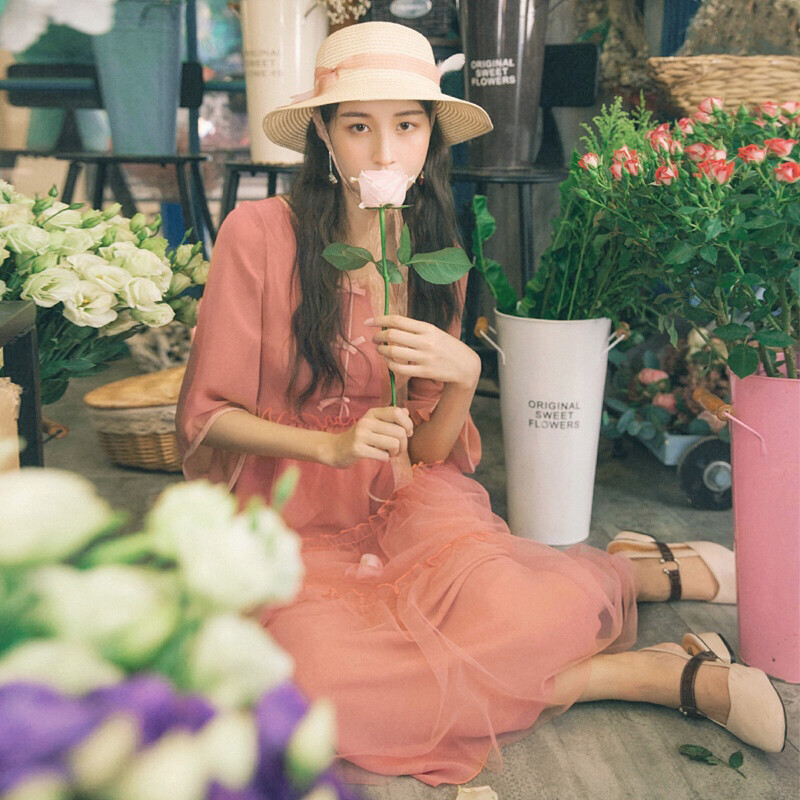 何衣见友／织梦／复古淑女连衣裙轻婚纱西柚粉大摆仙女飘逸长裙夏